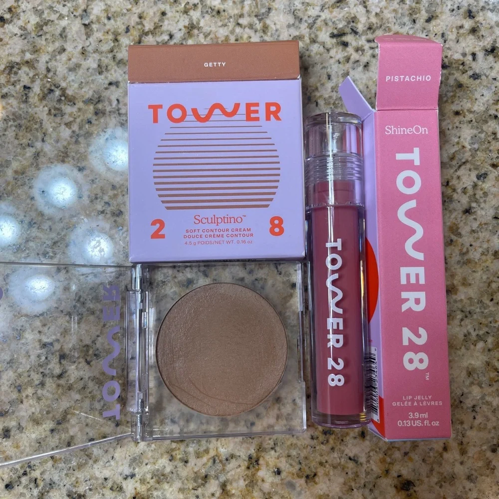 Tower 28 Sculptino Cream Contour Bronzer and ShineOn Lip Jelly Gloss Bundle Lot